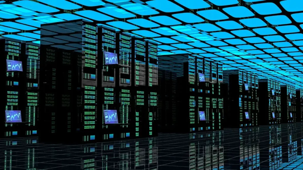 Illustration de rangées de baies de serveurs dans un data center, sous un éclairage bleu.