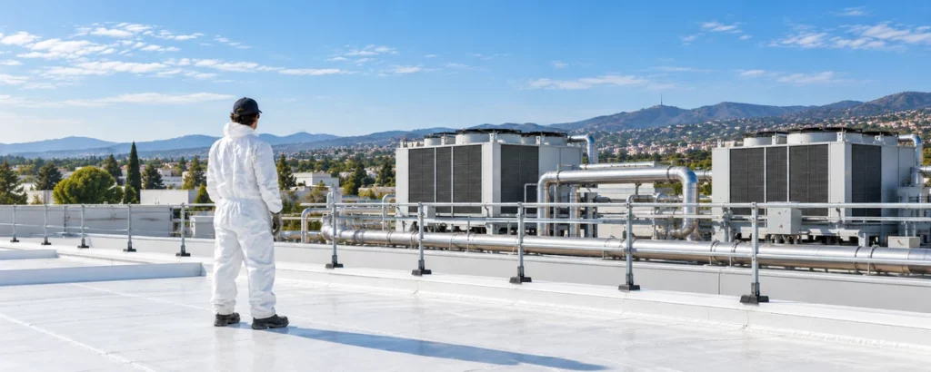 Illustration d’un technicien sur une toiture-terrasse blanche, avec les équipements de refroidissement d’un data center en arrière-plan.