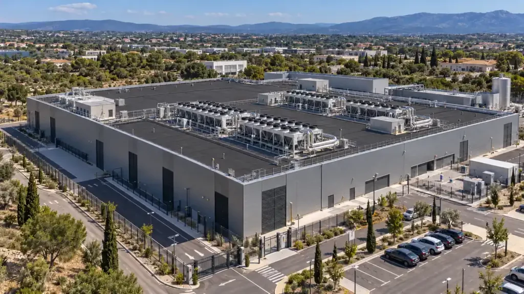 Vue aérienne illustrative d’un data center avec une toiture-terrasse à membrane bitumineuse et des équipements de refroidissement.